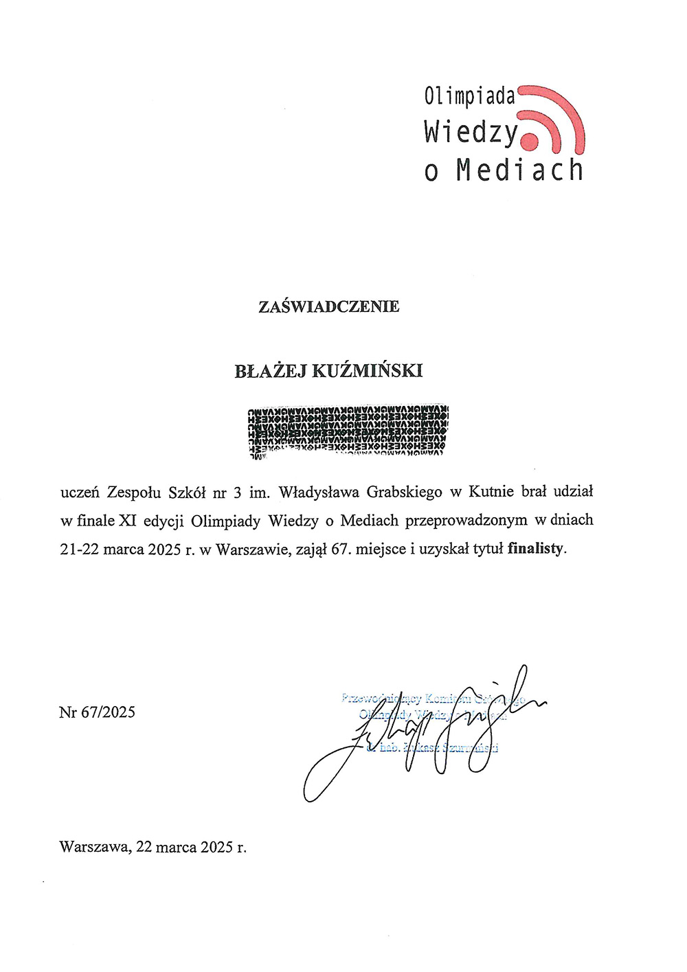 zaświadczenie Błażeja
